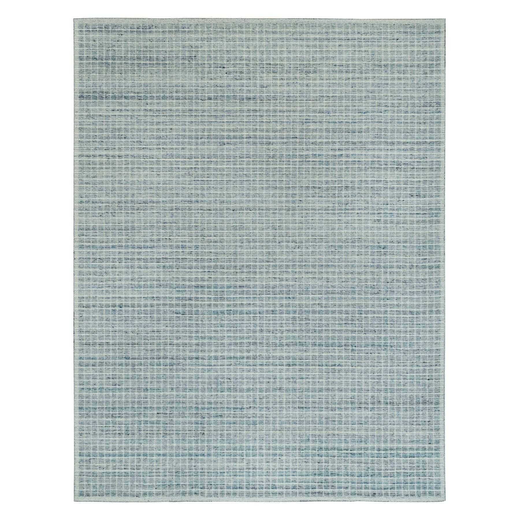9'1"x11'10" Yonder Blue, Modern Box Design with Plain Decor Loomed Knotted, Natural Wool, Oriental Rug 